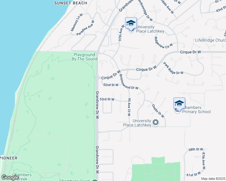 map of restaurants, bars, coffee shops, grocery stores, and more near 5205 97th Avenue Court West in University Place