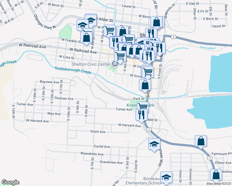 map of restaurants, bars, coffee shops, grocery stores, and more near 466 Park Street in Shelton