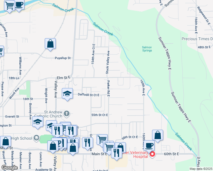 map of restaurants, bars, coffee shops, grocery stores, and more near 5210 Parker Road East in Sumner