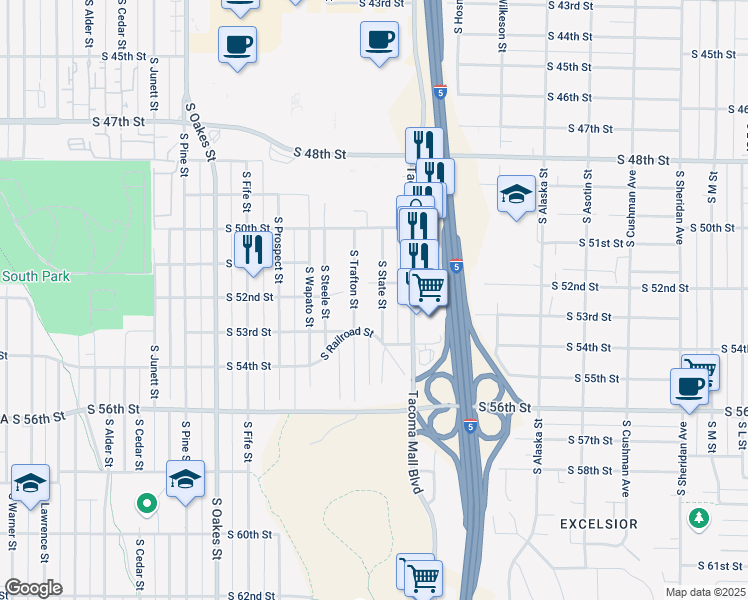 map of restaurants, bars, coffee shops, grocery stores, and more near 5217 South Trafton Street in Tacoma