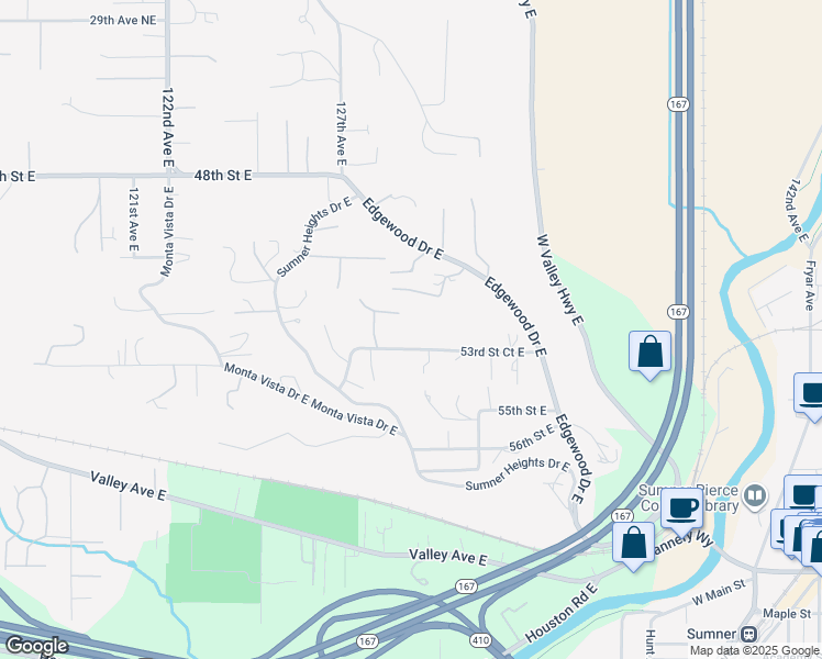 map of restaurants, bars, coffee shops, grocery stores, and more near 12903 53rd Street Court East in Edgewood
