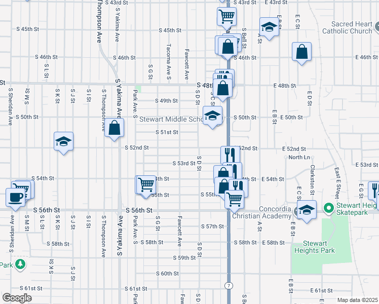 map of restaurants, bars, coffee shops, grocery stores, and more near 419 South 53rd Street in Tacoma