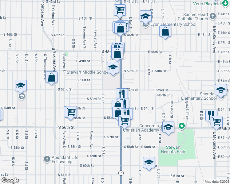 map of restaurants, bars, coffee shops, grocery stores, and more near 5210 Pacific Avenue in Tacoma