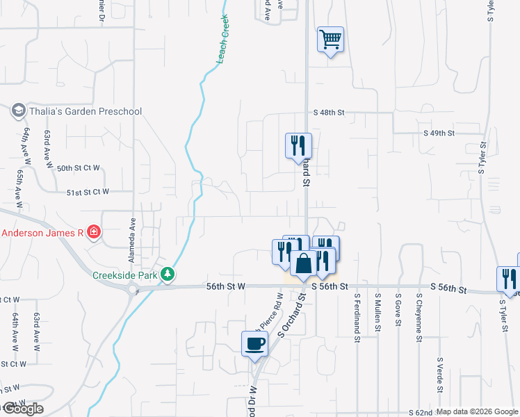 map of restaurants, bars, coffee shops, grocery stores, and more near 5227 53rd Street West in University Place
