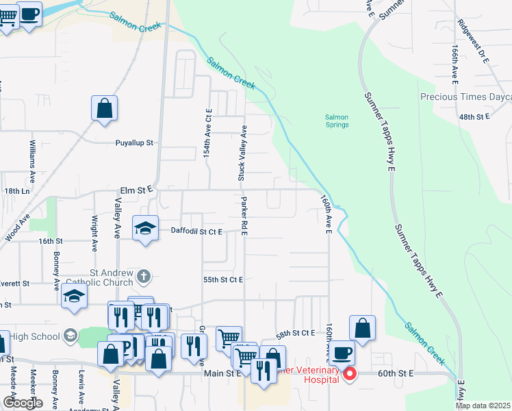map of restaurants, bars, coffee shops, grocery stores, and more near 5107 Parker Road East in Sumner