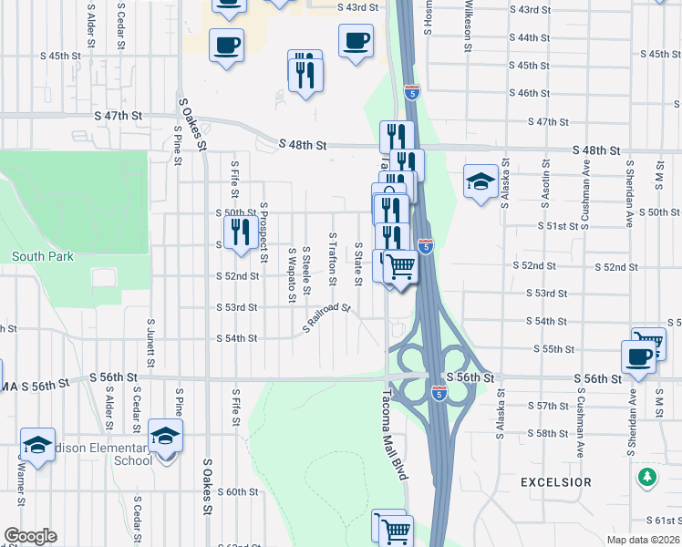 map of restaurants, bars, coffee shops, grocery stores, and more near 5217 South Trafton Street in Tacoma