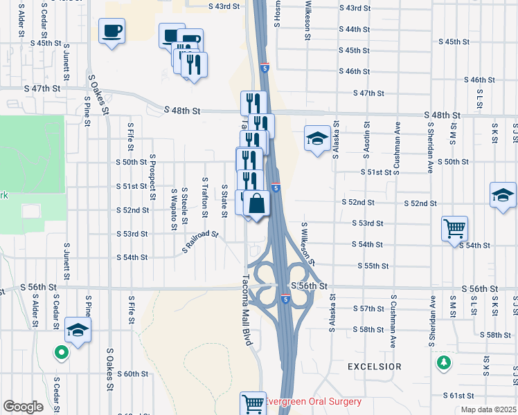 map of restaurants, bars, coffee shops, grocery stores, and more near 5221 Tacoma Mall Boulevard in Tacoma