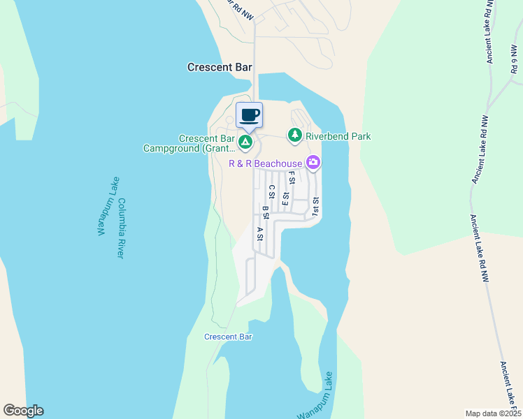 map of restaurants, bars, coffee shops, grocery stores, and more near 8542 Crescent Bar Road Northwest in Quincy