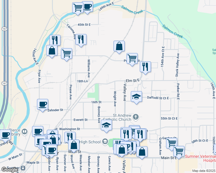 map of restaurants, bars, coffee shops, grocery stores, and more near 1808 54th Street Court East in Sumner