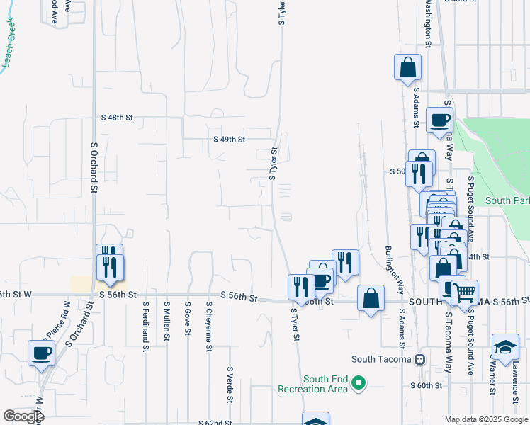 map of restaurants, bars, coffee shops, grocery stores, and more near 5216 South Tyler Street in Tacoma