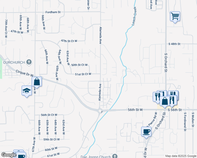 map of restaurants, bars, coffee shops, grocery stores, and more near 5230 58th Avenue West in University Place