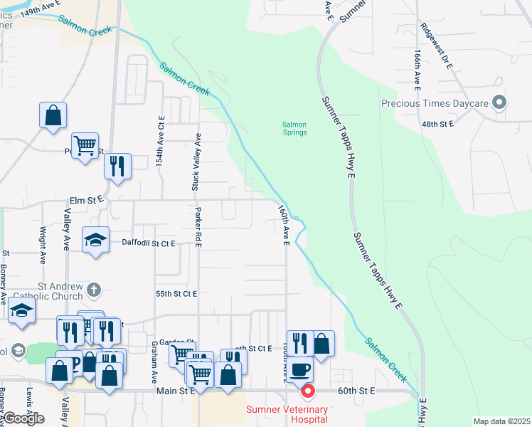 map of restaurants, bars, coffee shops, grocery stores, and more near 15921 52nd Street East in Sumner