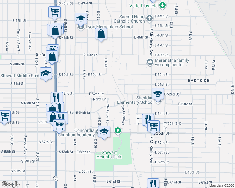 map of restaurants, bars, coffee shops, grocery stores, and more near East E Street in Tacoma