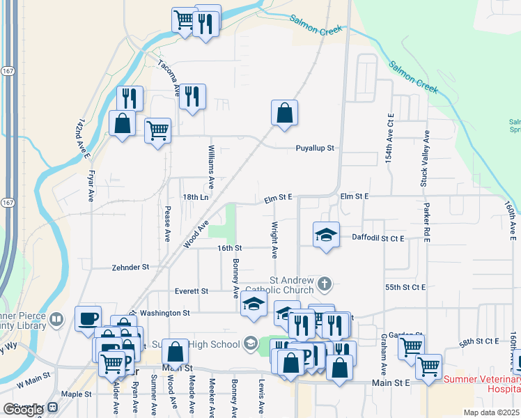 map of restaurants, bars, coffee shops, grocery stores, and more near 1809 54th Street Court East in Sumner