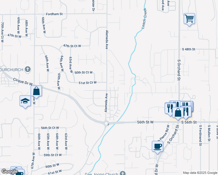 map of restaurants, bars, coffee shops, grocery stores, and more near 5230 58th Avenue West in University Place