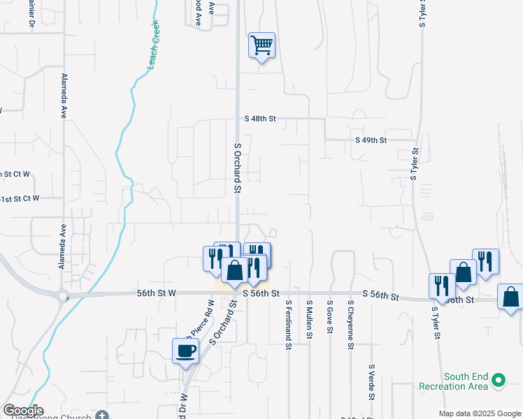 map of restaurants, bars, coffee shops, grocery stores, and more near 5219 South Orchard Street in Tacoma