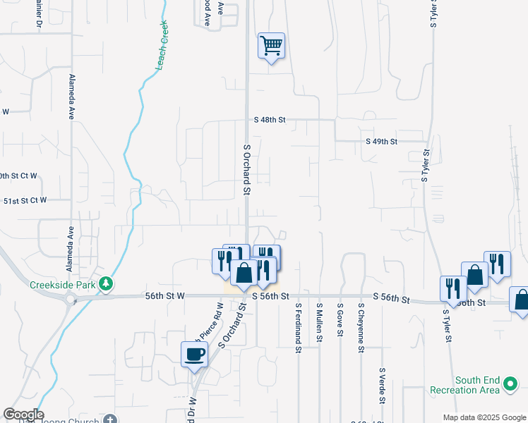 map of restaurants, bars, coffee shops, grocery stores, and more near 5219 South Orchard Street in Tacoma