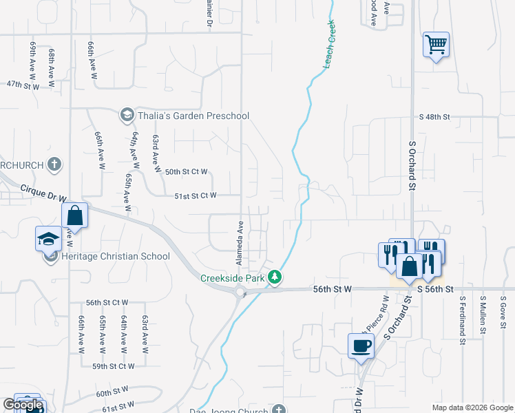 map of restaurants, bars, coffee shops, grocery stores, and more near 5230 58th Avenue West in University Place