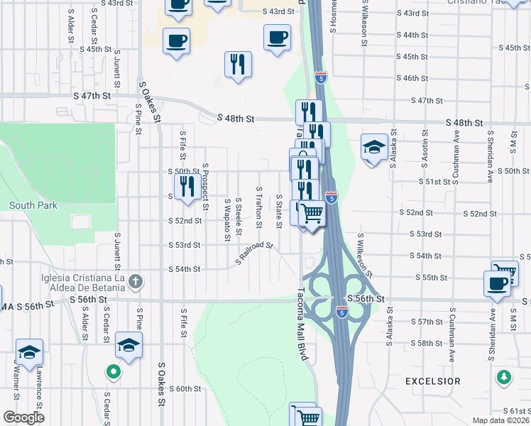 map of restaurants, bars, coffee shops, grocery stores, and more near 5217 South Trafton Street in Tacoma