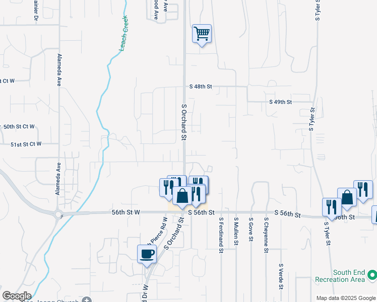 map of restaurants, bars, coffee shops, grocery stores, and more near 5201 South Orchard Street in University Place