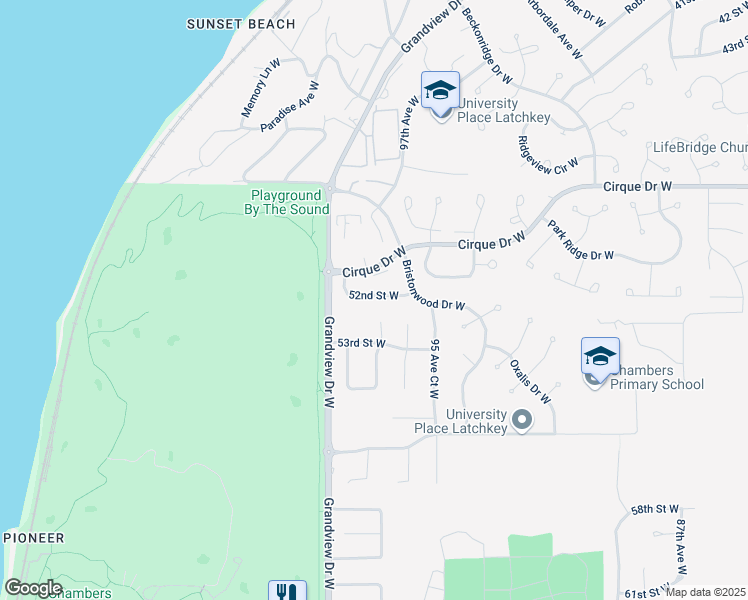 map of restaurants, bars, coffee shops, grocery stores, and more near 5205 97th Avenue Court West in University Place