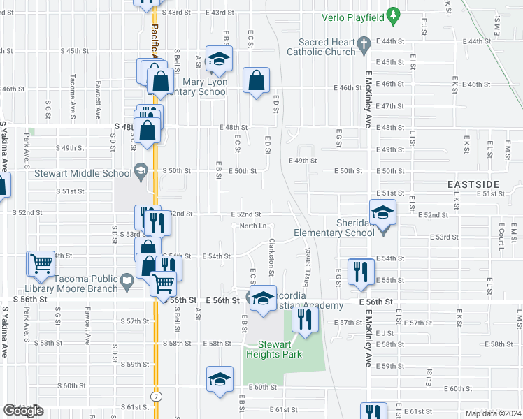 map of restaurants, bars, coffee shops, grocery stores, and more near 309 East 52nd Street in Tacoma