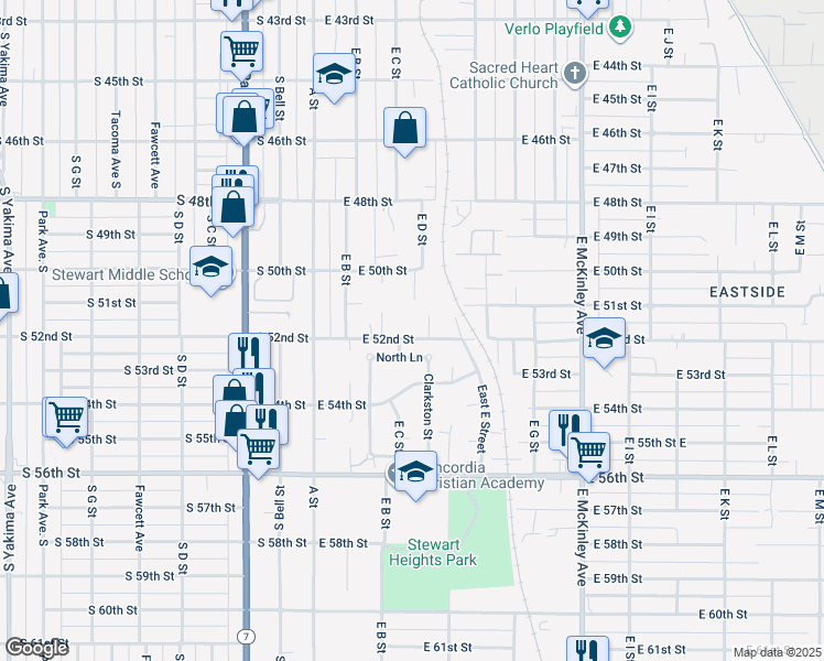 map of restaurants, bars, coffee shops, grocery stores, and more near 309 East 52nd Street in Tacoma