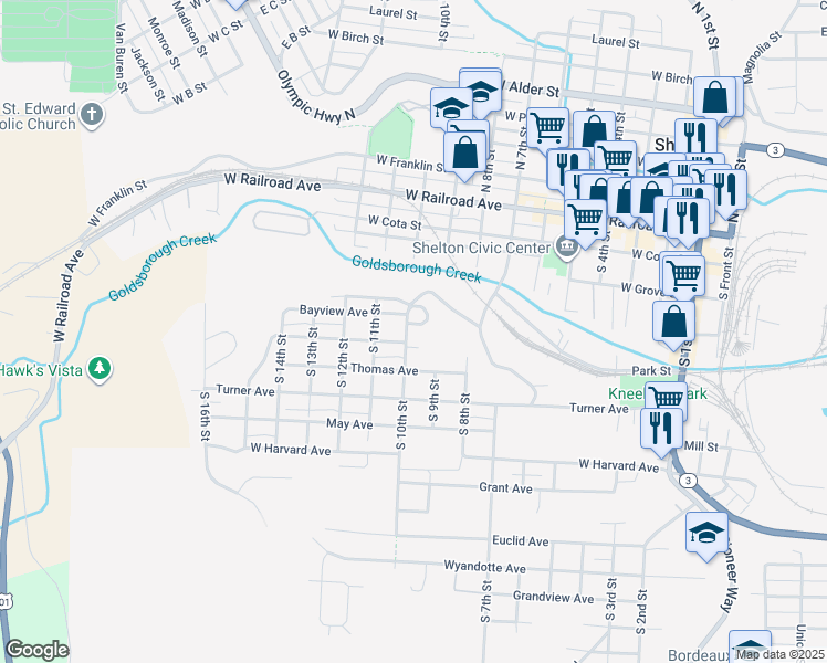 map of restaurants, bars, coffee shops, grocery stores, and more near 911 Olympic Avenue in Shelton