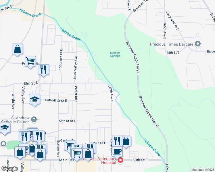 map of restaurants, bars, coffee shops, grocery stores, and more near 15914 52nd Street East in Sumner