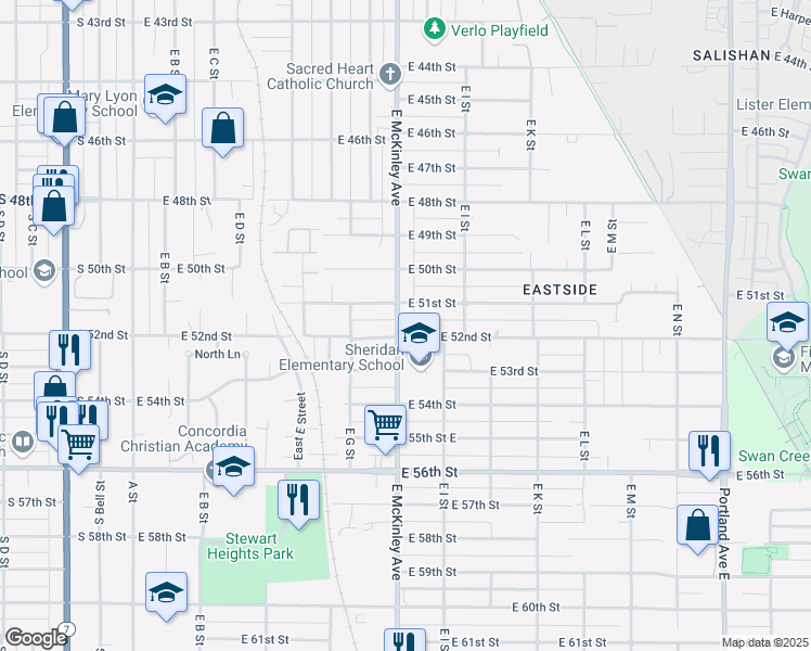 map of restaurants, bars, coffee shops, grocery stores, and more near 5115 East McKinley Avenue in Tacoma