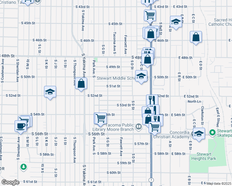 map of restaurants, bars, coffee shops, grocery stores, and more near 511 South 52nd Street in Tacoma