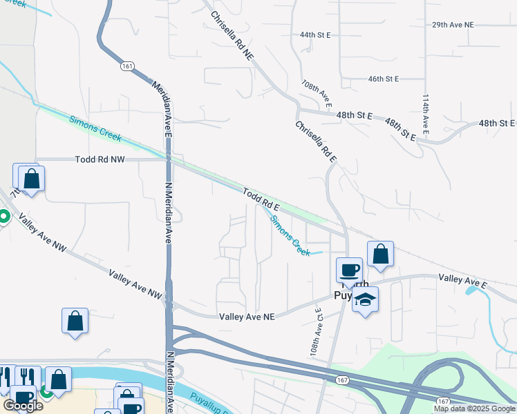 map of restaurants, bars, coffee shops, grocery stores, and more near 407 Valley Avenue Northeast in Puyallup