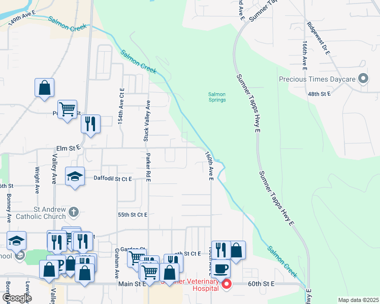 map of restaurants, bars, coffee shops, grocery stores, and more near 15818 Elm Street East in Sumner