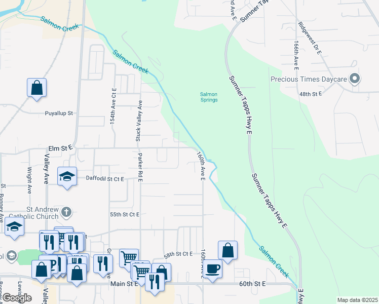 map of restaurants, bars, coffee shops, grocery stores, and more near 15906 Elm Street East in Sumner