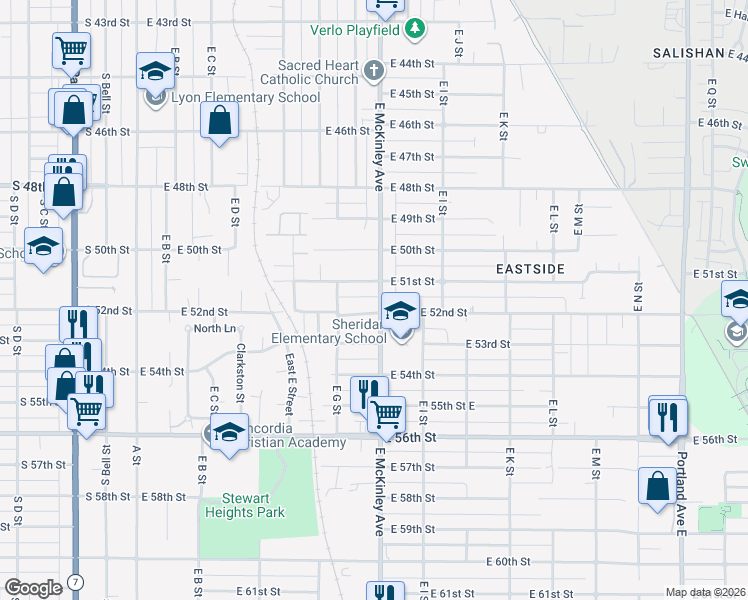 map of restaurants, bars, coffee shops, grocery stores, and more near 5112 McKinley Avenue East in Tacoma