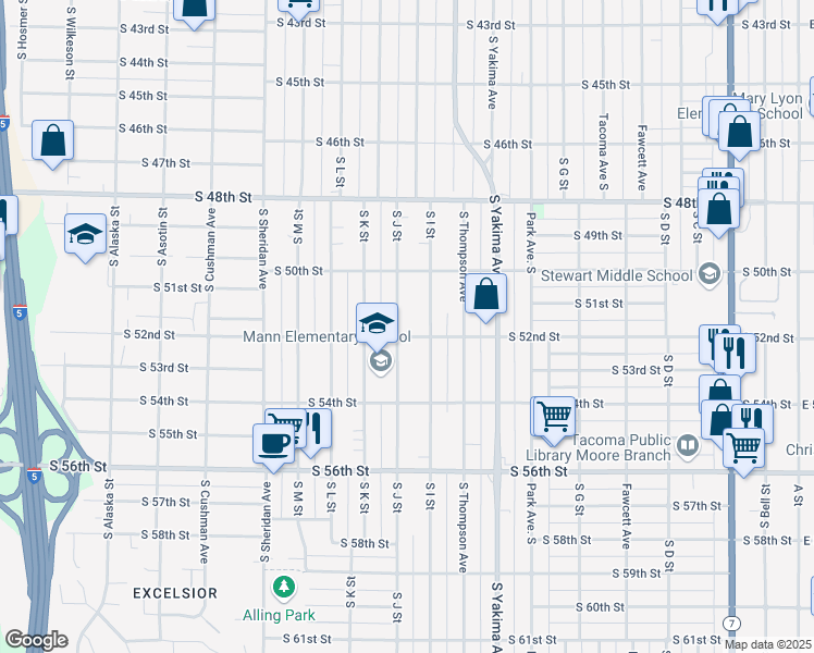 map of restaurants, bars, coffee shops, grocery stores, and more near 5019 South J Street in Tacoma