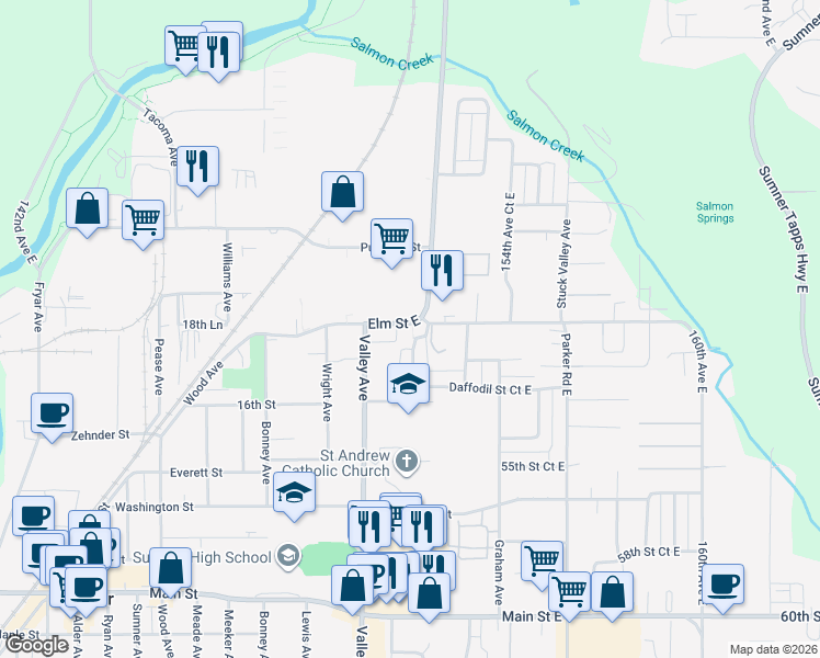 map of restaurants, bars, coffee shops, grocery stores, and more near 15106 Elm Street East in Sumner