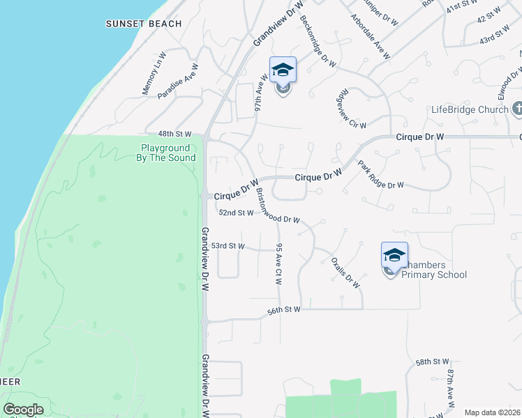 map of restaurants, bars, coffee shops, grocery stores, and more near 5016 96th Avenue West in Tacoma