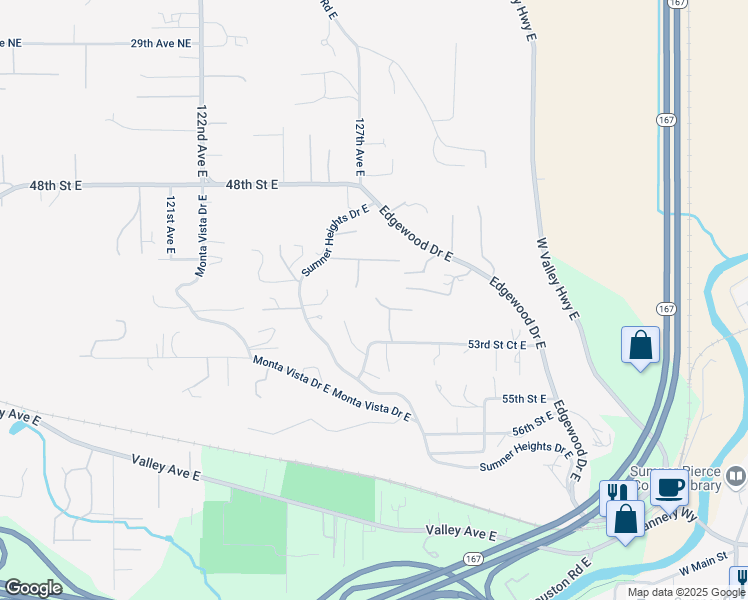 map of restaurants, bars, coffee shops, grocery stores, and more near 5122 127th Avenue East in Edgewood