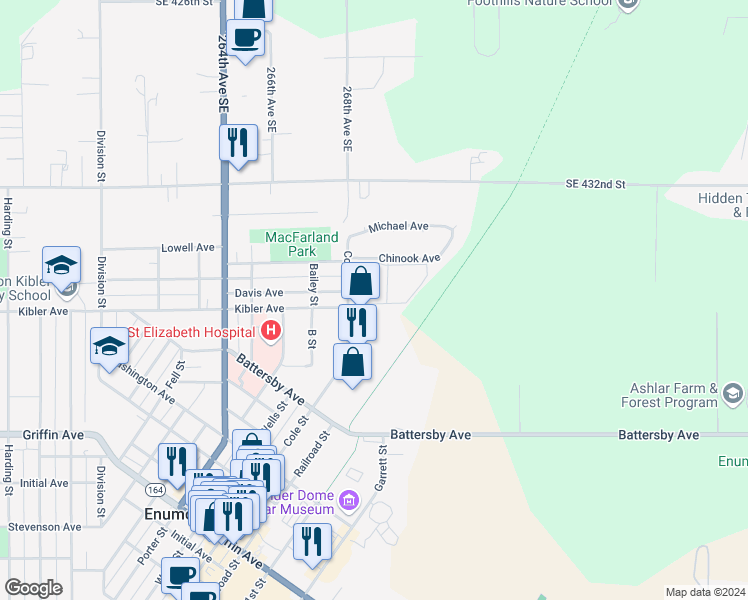 map of restaurants, bars, coffee shops, grocery stores, and more near 320 Chinook Avenue in Enumclaw