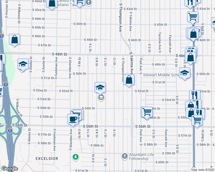 map of restaurants, bars, coffee shops, grocery stores, and more near 5019 South J Street in Tacoma