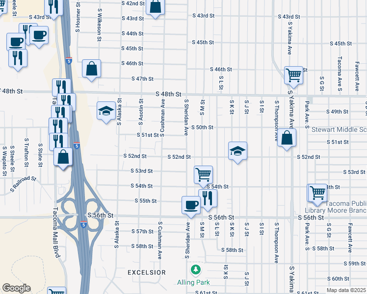 map of restaurants, bars, coffee shops, grocery stores, and more near 5120 South Sheridan Avenue in Tacoma