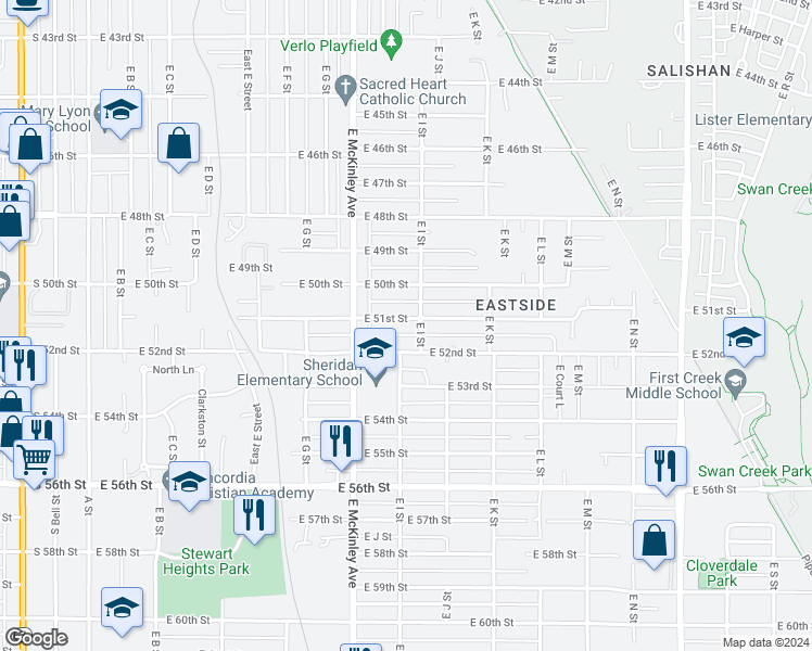 map of restaurants, bars, coffee shops, grocery stores, and more near 838 East 51st Street in Tacoma