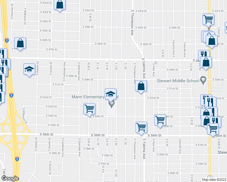 map of restaurants, bars, coffee shops, grocery stores, and more near 5030 South J Street in Tacoma