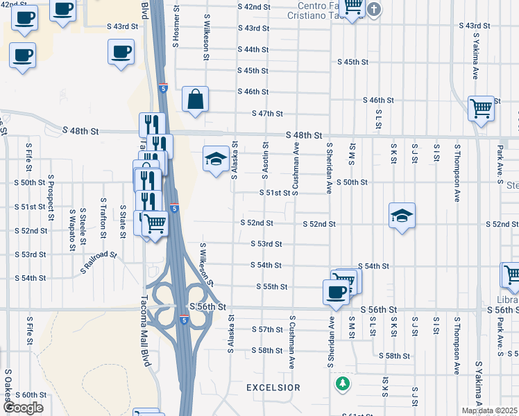 map of restaurants, bars, coffee shops, grocery stores, and more near 1664 South 51st Street in Tacoma