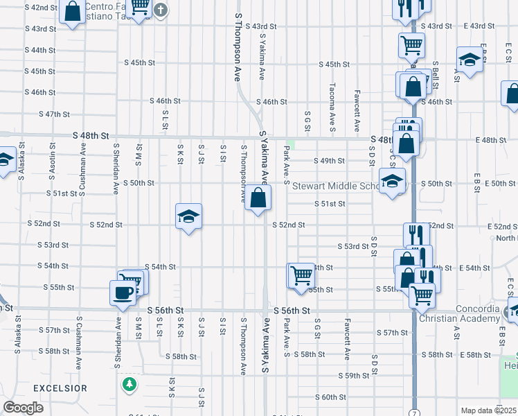 map of restaurants, bars, coffee shops, grocery stores, and more near 5020 South Yakima Avenue in Tacoma