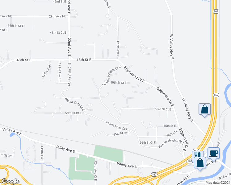 map of restaurants, bars, coffee shops, grocery stores, and more near 5122 127th Avenue East in Edgewood