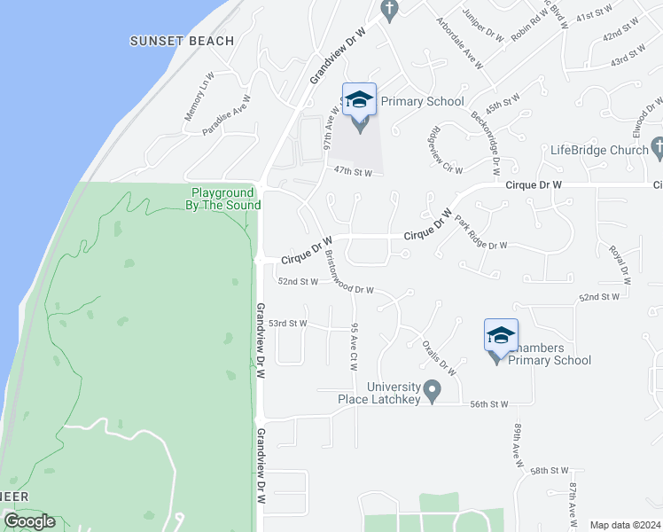 map of restaurants, bars, coffee shops, grocery stores, and more near 5130 Bristonwood Drive West in University Place