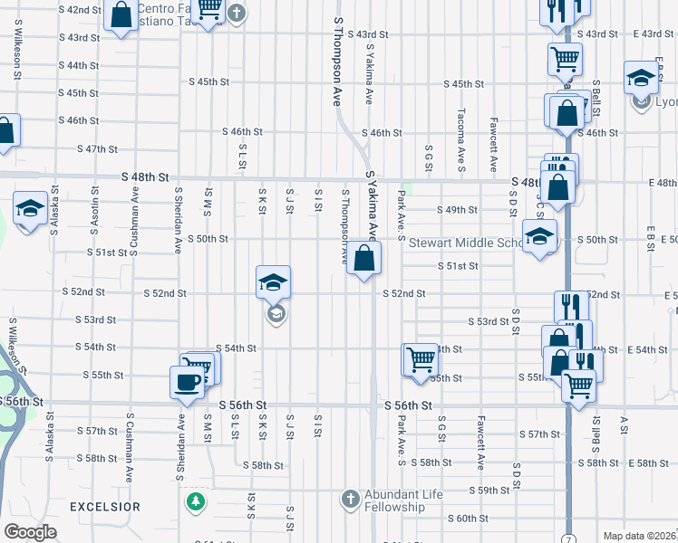 map of restaurants, bars, coffee shops, grocery stores, and more near 5030 South Thompson Avenue in Tacoma