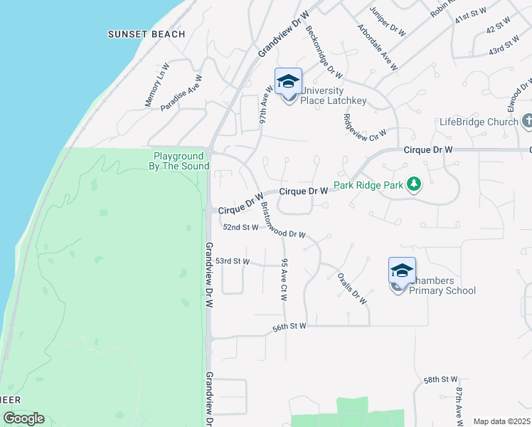 map of restaurants, bars, coffee shops, grocery stores, and more near 5120 Bristonwood Drive West in University Place